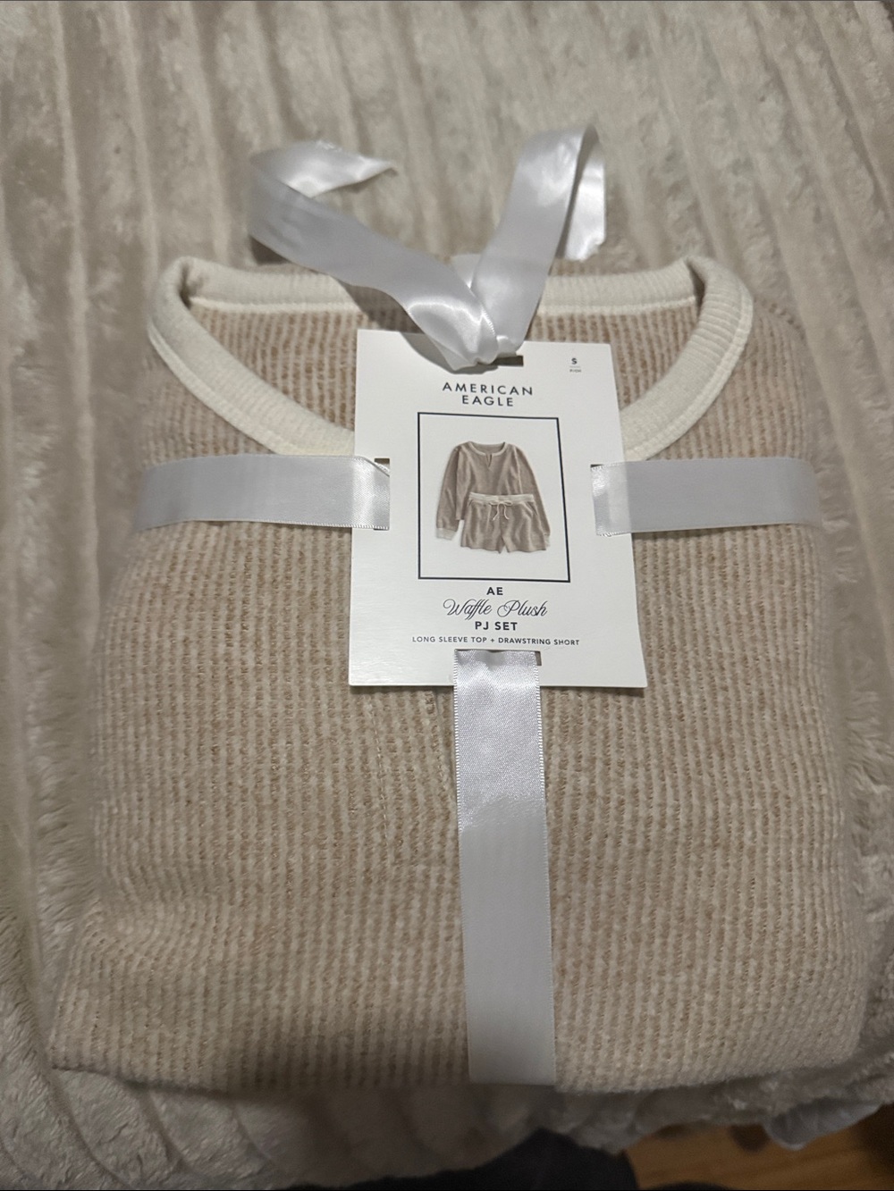 American Eagle Outfitters Cream Ribbed Waffle Plush Crewneck Sweater